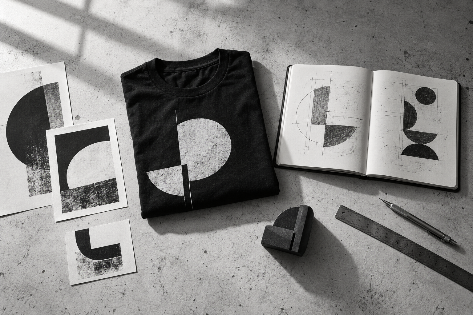 Black-and-white workbench arrangement with print samples, a folded shirt, sketches, and a product prototype
